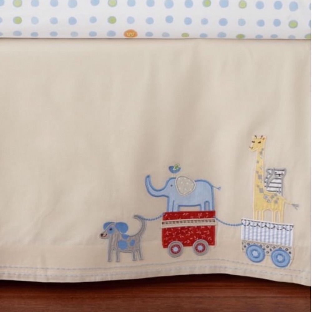 Pottery Barn Kids Circus Friends Crib Bed Skirt‎ Organic Cotton Neutral Red Blue